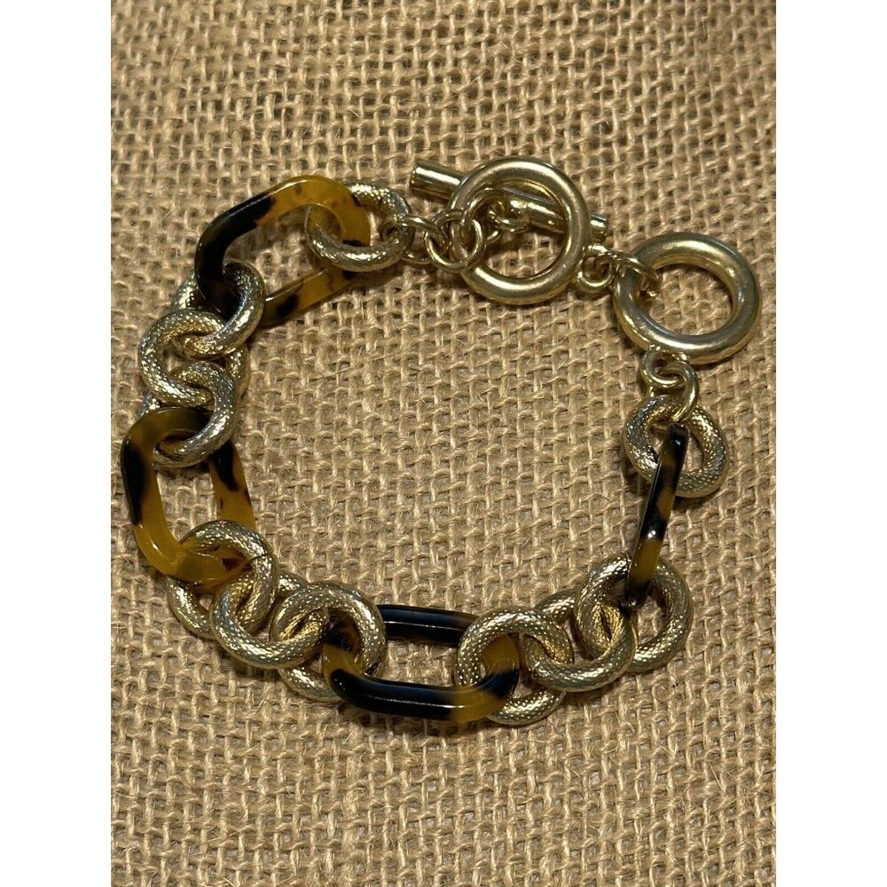 Gold Tone Faux Tortoise Shell Chain link Toggle Bracelet  Beach Boho